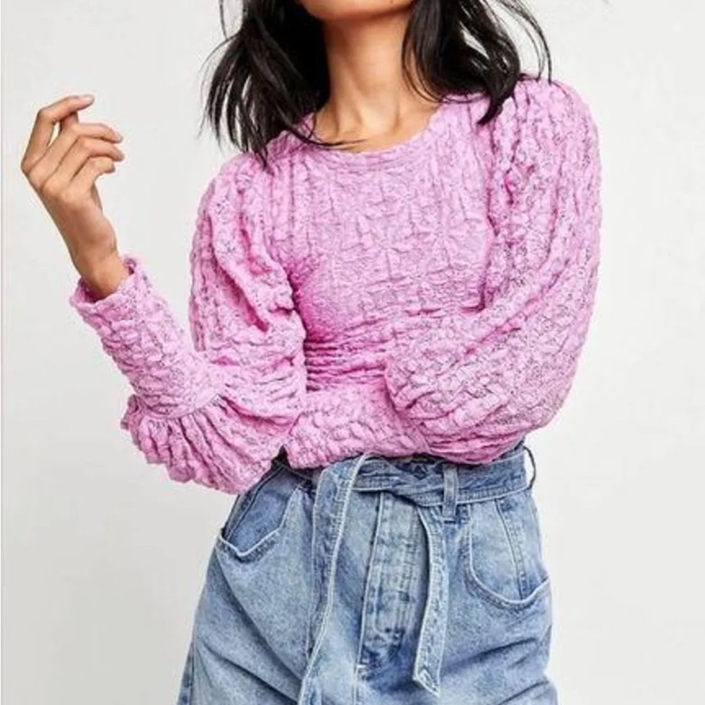 Free People Pink Textured Long Sleeve Top